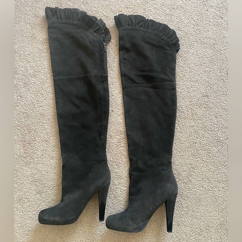 Colin Stuart Black Over-the-Knee Boots with Ruffle Detail